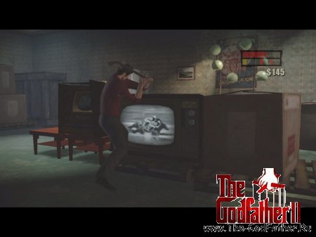 Персонаж у телевизоров, на экране игровые показатели